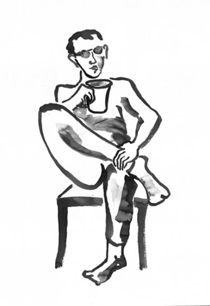 Titelgrafik von KolaKao mit Banane. Die Pinselzeichnung eines Mannes, welcher mit überschlagenen Beinen seinen Koffein Kakao genießt und kritisch das Umfeld inspiziert.