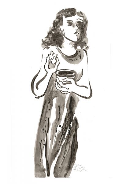 Titelgrafik von KolaKao mit Guarana. Die Pinselzeichnung einer Frau im urig eleganten Kleid, die angetan vom Koffein-Kakao ihre Meinung mit Handzeichen kund tut.