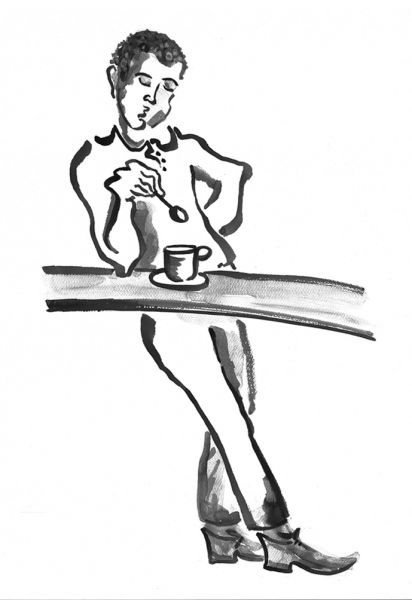 Titelgrafik von KolaKao mit Maca. Die Pinselzeichnung eines jungen Mannes am Tresen, welcher verträumt in seiner Tasse rührt und die Lippen spitzt.